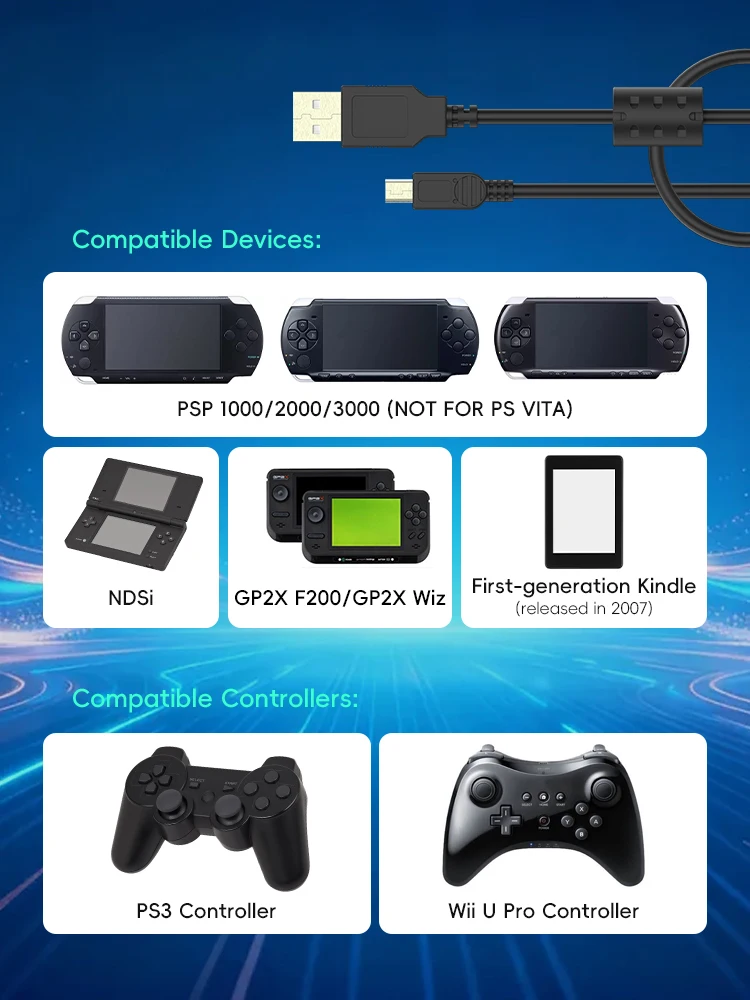 데이터 프로그 USB A to 미니 B 5핀 케이블 고속 충전 및 데이터 전송 라인 GP2X F200/Wiz PS3 컨트롤러 PSP 시리즈 NDSi용