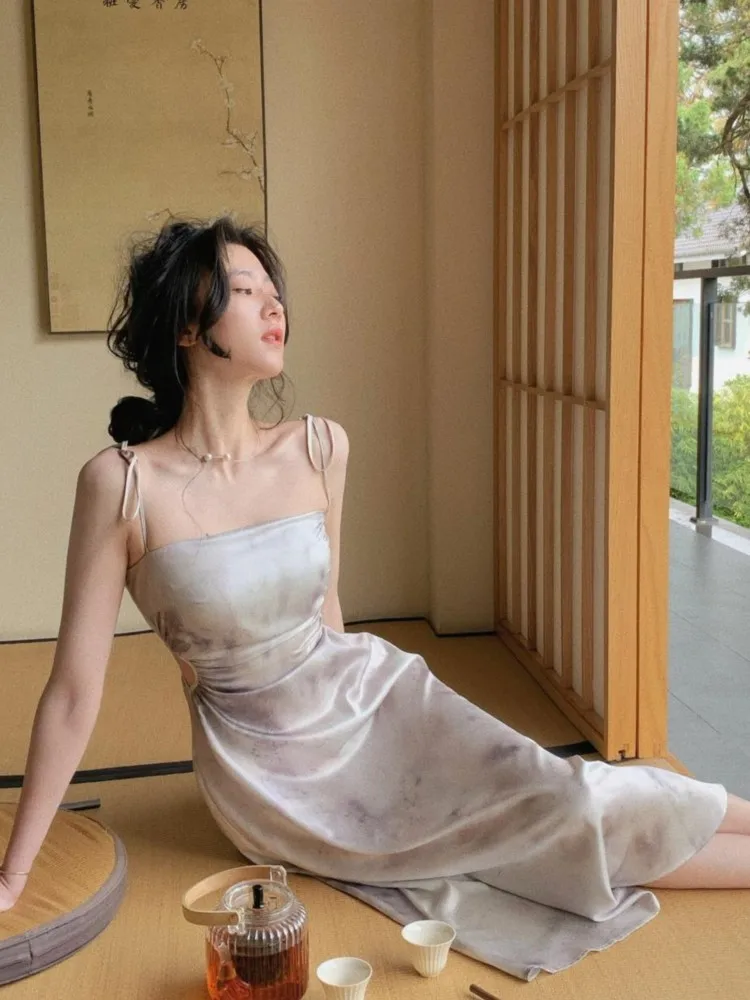 

Summer New Spaghetti Strap Midi Dresses Elegant Wedding Evening Prom Robe Women Sleveless Backless Holiday Beach Vestidos