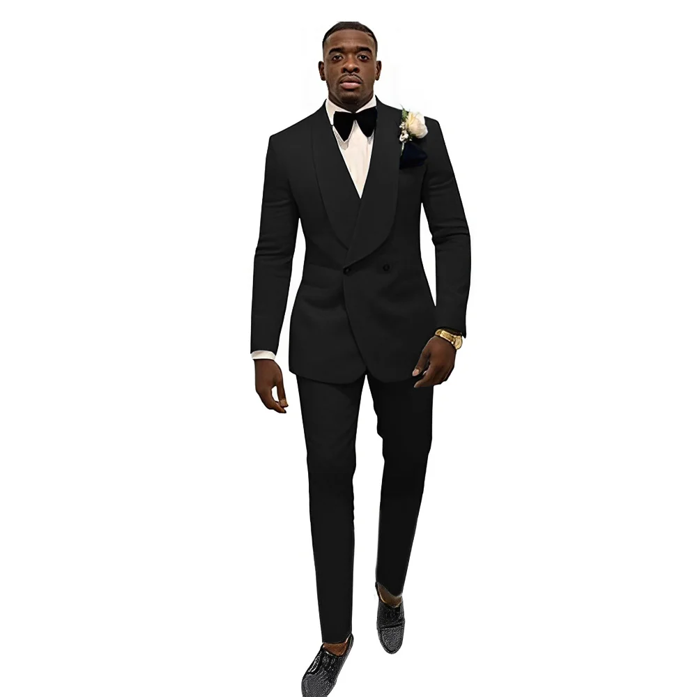 Black Jacquard Men's Suit 2 Piece Double Breasted Jacket Pants Elegant Groom Wedding Tuxedo Customized XS-5XL Suit 2022 new high quality customized white notched lapel men s suit wedding two buttons groom tuxedo 2 pieces set jacket pants