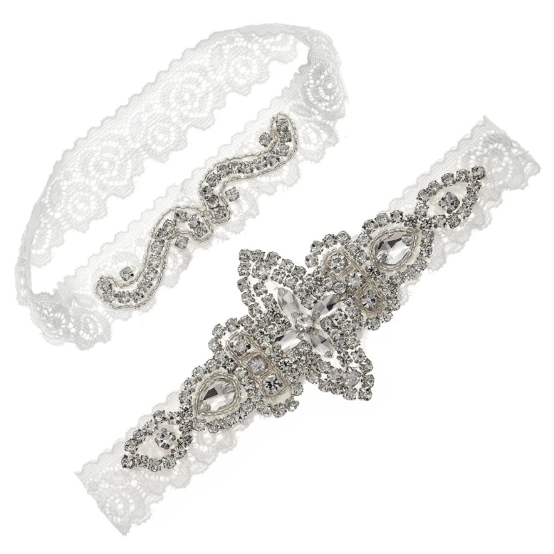 Wedding Garters Stretch Lace Bridal Garter Clear Rhinestones Pearls Garter Set for Bride with Toss Away