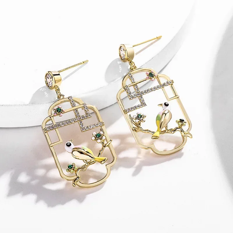 Chinese Style Copper Alloy Hollowed Out Carved Plum Blossom Bird Temperament Classic Earrings for Women Mother Gift Jewelry