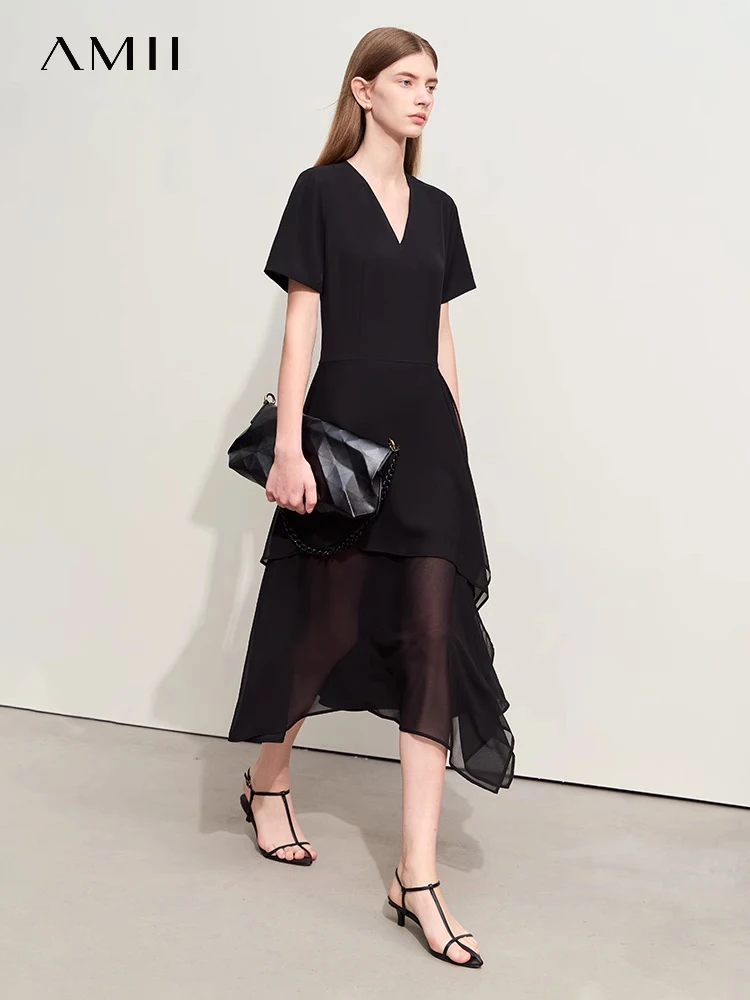 Amii Minimalism 2024 Summer New V-neck Chiffon Dress for Women Splicing Asymmetric Office Lady Fashion Long Dresses 12442208
