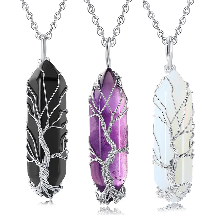 

XSM Reiki Healing Crystal Stone Tree of Life Wire Wrapped Crystal Natural Hexagonal Point Stone Pendant Necklace Jewelry