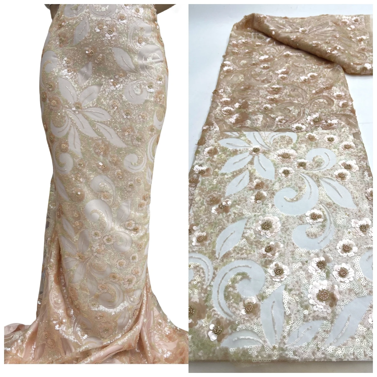 

Luxury 3D Sequined and Beaded Lace French Tulle Net Sequins Lace Fabric African Lace Fabric 5 Yards For Wedding Party Dress