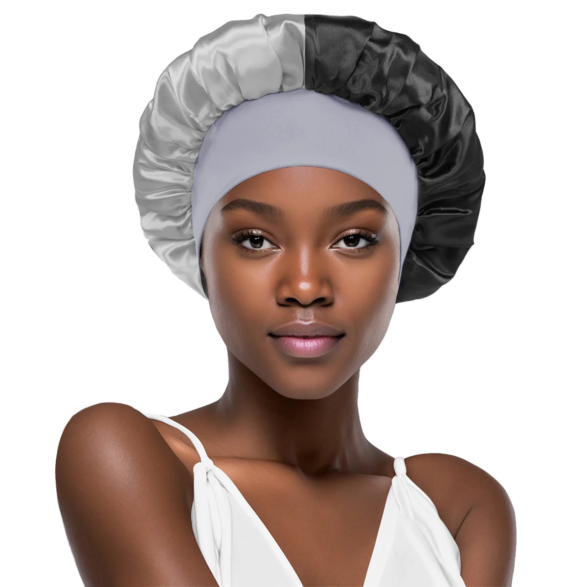 Women's Satin Solid Wide-brimmed Sleeping Hat Unisex Color-block Head Wrap Elastic Band Cap Hair Care Bonnet Night Hat 6