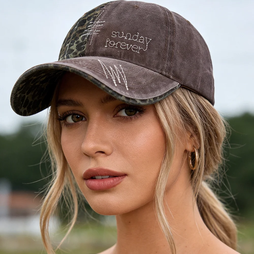 Neue Y2K-Baseballkappe, modische Leoparden-Patch-Mütze aus gewaschener Baumwolle für Damen, lässiger Boho-Streetwear-Stil, trendige Damenmützen. – Detail 17