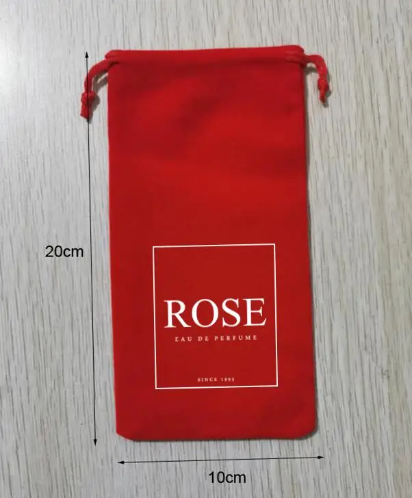 50 Pieces Customised Logo 10x20cm Red Velvet Bags Drawstring Gift Pouches Printed With White Logo