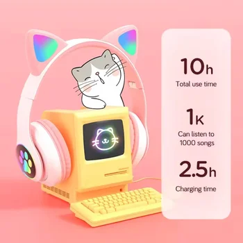 Flash Lamp Cute Cat Ears Headphone Bluetooth5.0 Stereo With Mic Support TF Card Wireless Kids Girl Earphone Birthday Gift 2