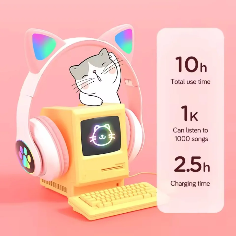 Flash Lamp Cue Ca Ears Headphone Blueooh5.0 Sereo Wih Mic Suppor TF Card Wireless Kids Girl Earphone Birhday_voghion.com