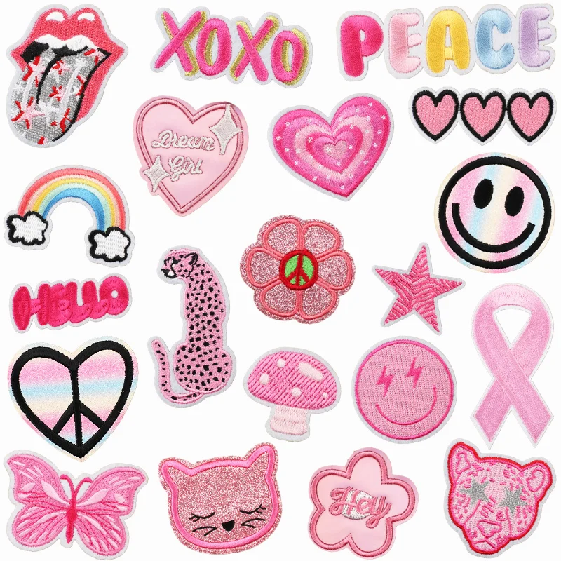 

Cartoon Pink Butterfly Heart Cheetah Smiley Face Cat Embroidery Patch Iron-On Patches for Clothing Parches Decoration Applique