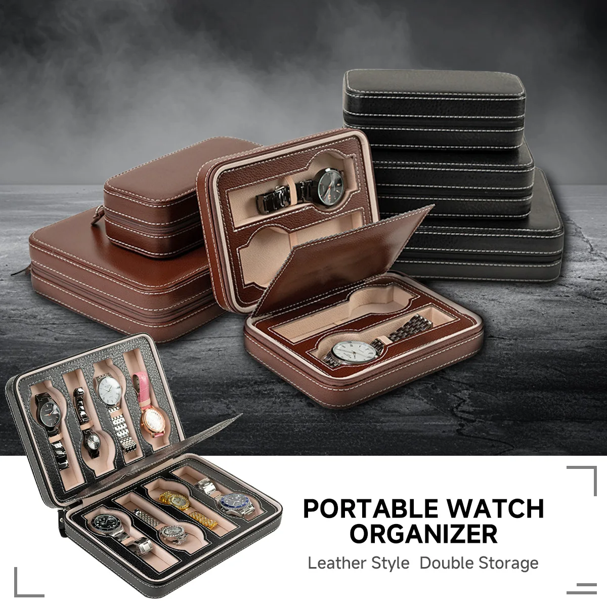 2,4,6,8 Slot Watch Storage Box Portable Travel Zipper PU Leather Storage Case Watch Display Box for Business Trips and Gifts