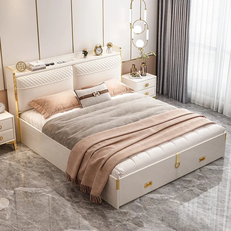 Light Luxury Bed King /Queen Size Frame Off-White Bedroom Furniture Set Home Furniture Double Bed