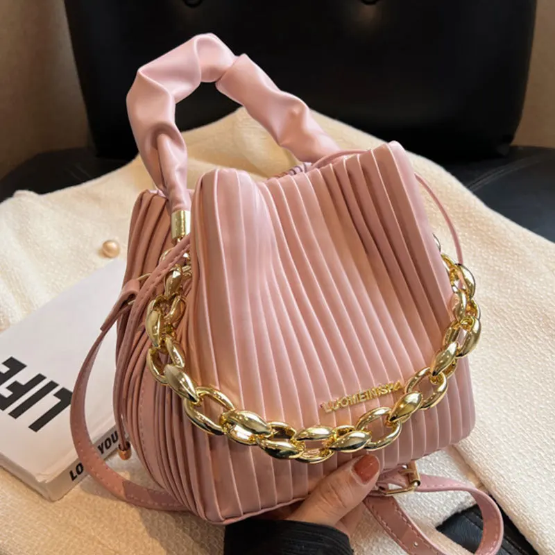 Simple Fashion Pleated Crossbody Bag PU Leather Bucket Bags for Women