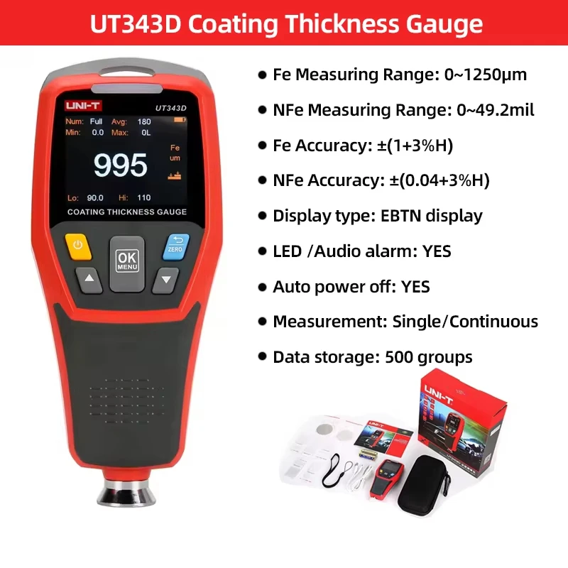 UNI-T UT343D Coating Thickness Gauge 0.1 Micron/0-1250um Automotive Paint Film Thickness Tester To Measure FE/NFE Paint Tools