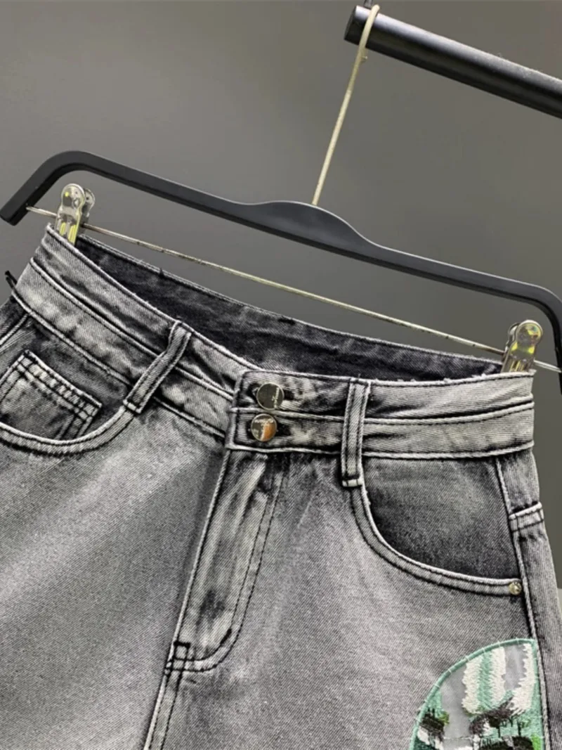Summer 2024 New Chinese Style Embroidery Wide-Leg Denim Shorts Women's All-Match Loose Slimming A-line Zipper Tassel Booty Pants