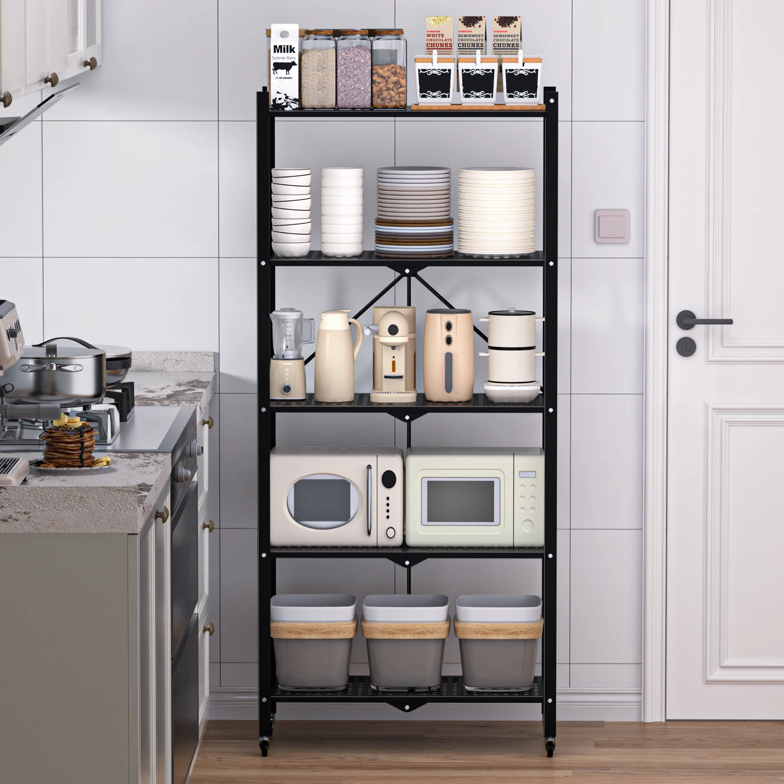 5 Tiers Tools Storage Foldable Partition Lightweight Convenient Kitchen Cabinet Storage Rack Mobile Storage Shelves for Garage 4