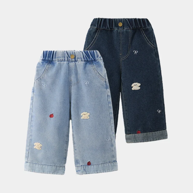 UNITIM 봄 어린이 소녀 스트레이트 바지 코튼 개 자수 어린이  소녀 청바지 달콤한 탄성 허리  소녀 데님 바지