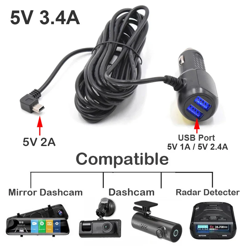 미니 마이크로 타입 C USB 차량용 충전기 3.5미터 5V 3.4A 2개의 USB 포트 포함 차량용 DVR 대시 카메라 GPS 비디오 레코더용, 입력 DC 8V-36V