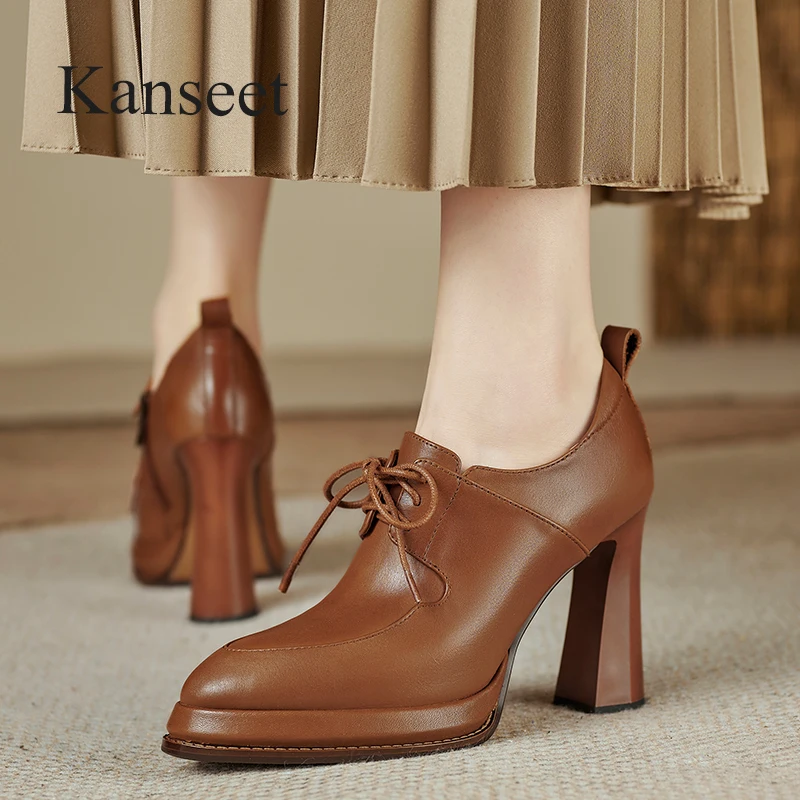 

Kanseet High Quality Genuine Leather Women Shoes 2024 Spring Vintage Brown Pumps Handmade Pointed Toe High Heel Ladies Footwear