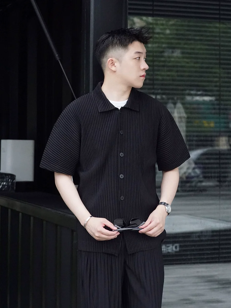 Miyake Pleated Short Sleeve Shirt Casual Solid Color Shirts Summer Button Lapel Top Men 5