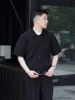 Miyake Pleated Short Sleeve Shirt Casual Solid Color Shirts Summer Button Lapel Top Men 5