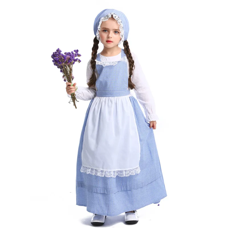 Carnival Girl Little House On The Prairie Costume Pioneer Olden Day Blue Dress Outfit Cosplay Halloween Fancy Party Dress