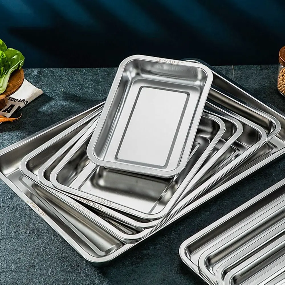 1Pcs Grill Meat Deep Stainless Steel Tray Rectangle Kitchen Accessories Steamed Rice Sausage Plate Barbecue Tea Storage