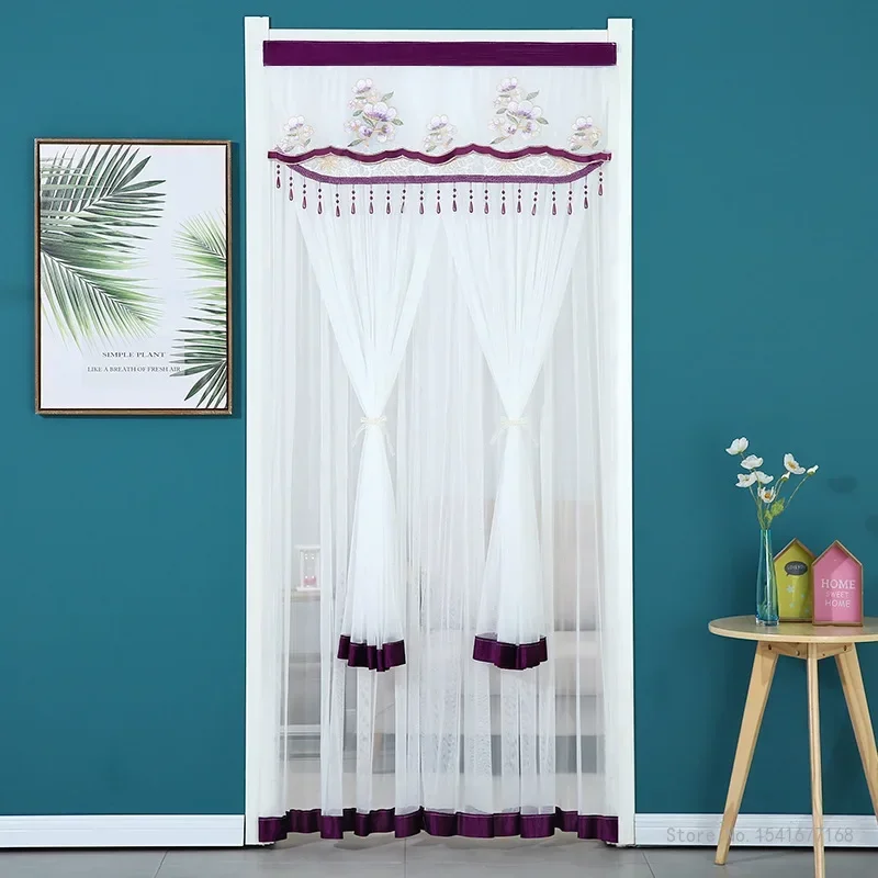 Punch-free Mosquito Screen Curtain Door Curtain, Breathable Bedroom Partition Curtain Double Layer Lace Embroidered Door Curtain