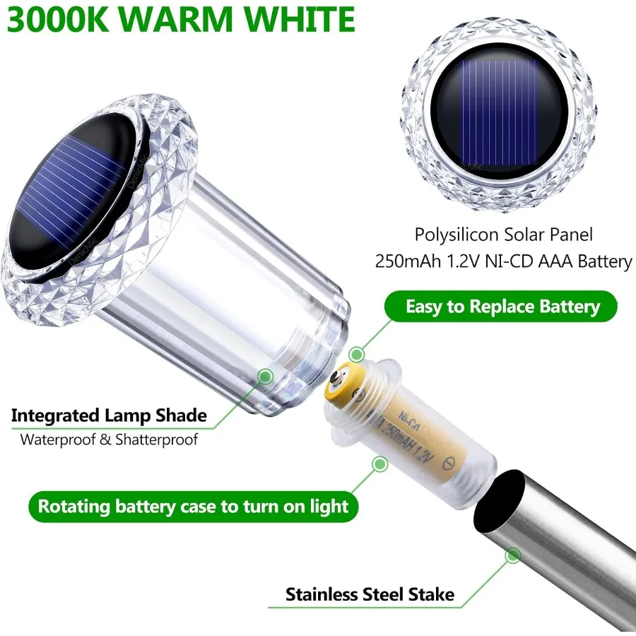 Solar Lights Outdoor 10 Pack Waterproof 3000K Warm White LED Acrylic Lamp Head Stainless Steel Stake for Landscape Lighting Pat