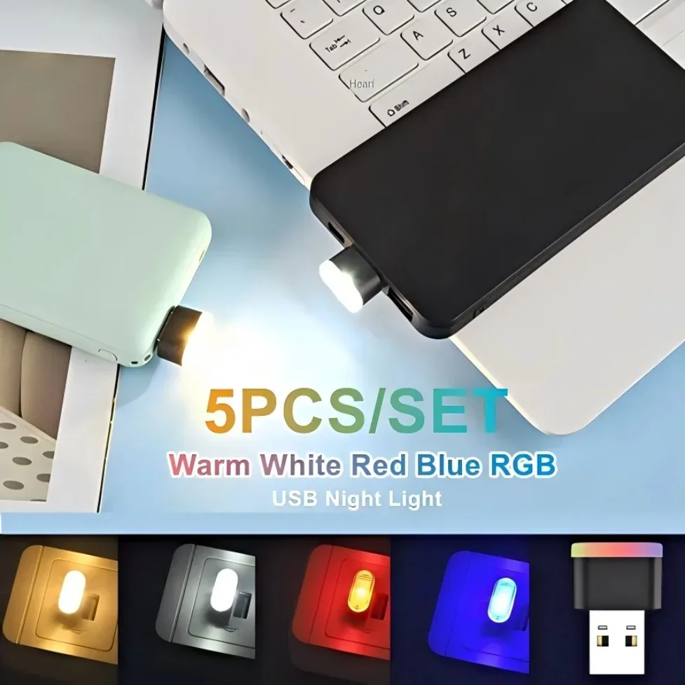 5개/세트 미니 USB LED 야간 조명 다양한 색상 자동차 실내 장식 야간 램프 노트북 컴퓨터 DC5V 자동차 무드등 네온 조명