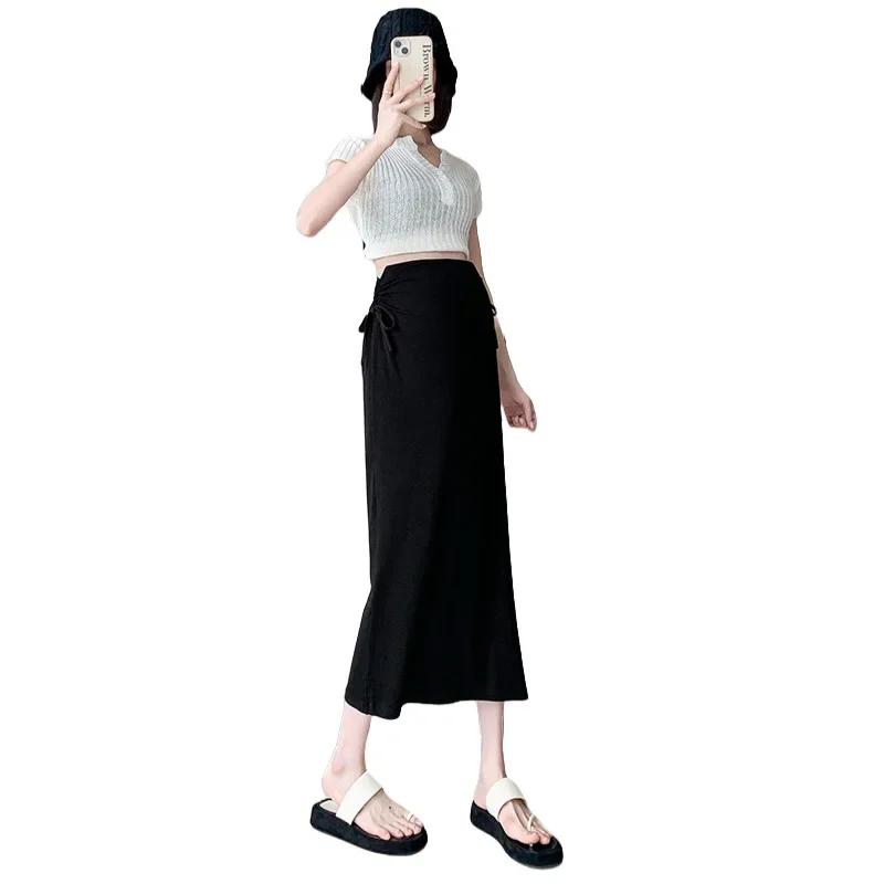 Maternity High Waist Straight Cut Thin Knitted Half Skirt with Drawstring for Summer Fashion Slimming Belly Bump Design