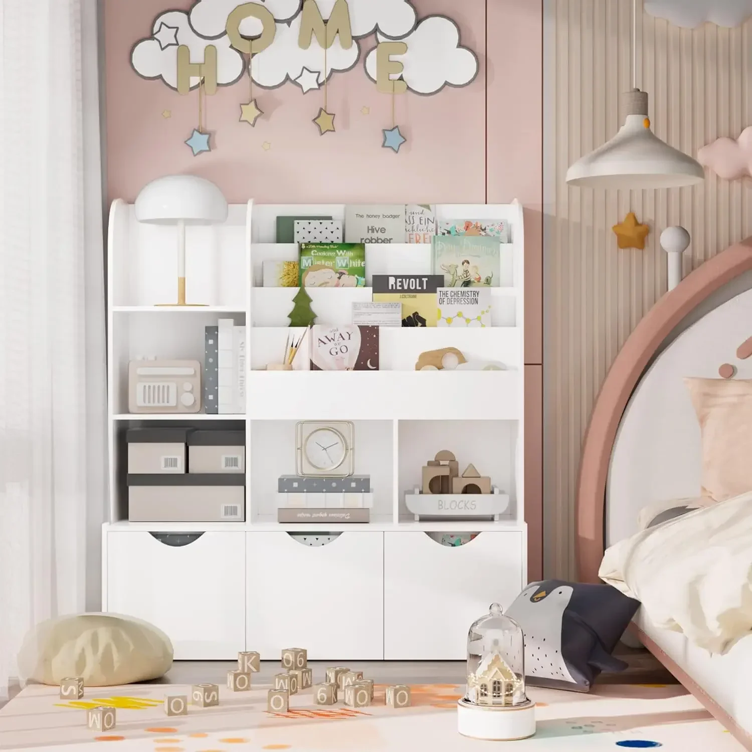 A 47'' Kids Bookcase and Bookshelf, Multifunctional Bookcase with 5 Storage Cubbies and 3 Movable Drawers, Bookcase Organizer