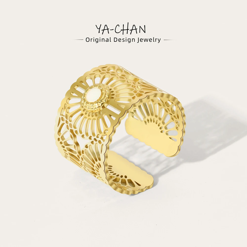 Stainless Steel Wide Finger Rings Hollow Carving Adjustable Jewelry for Women YACHAN 18K Gold Plated