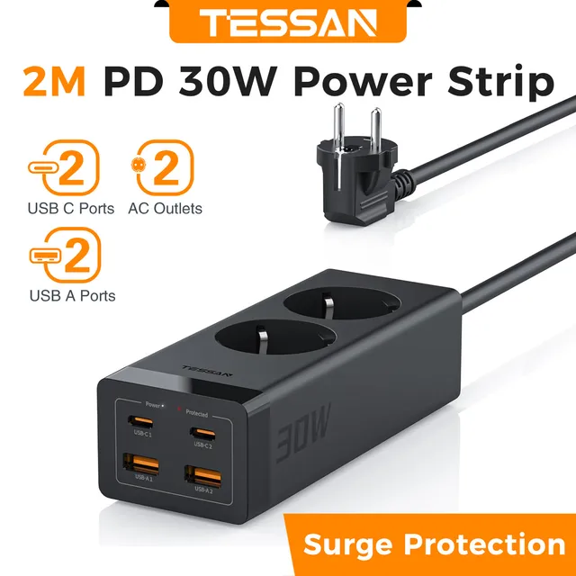 Ladron Enchufes BESTEK Regleta Enchufes Con 4 Tomas Con Interruptores Individuales (1,8 M, 3600w, Protección Para Niños), Color Negro Con Luz Azul Regleta Usb Carga Rapida 3.0