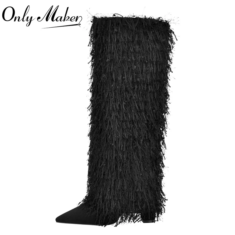 

Onlymaker Woman Pointed Toe Shark Boots Knee High Boots Black Long Boots