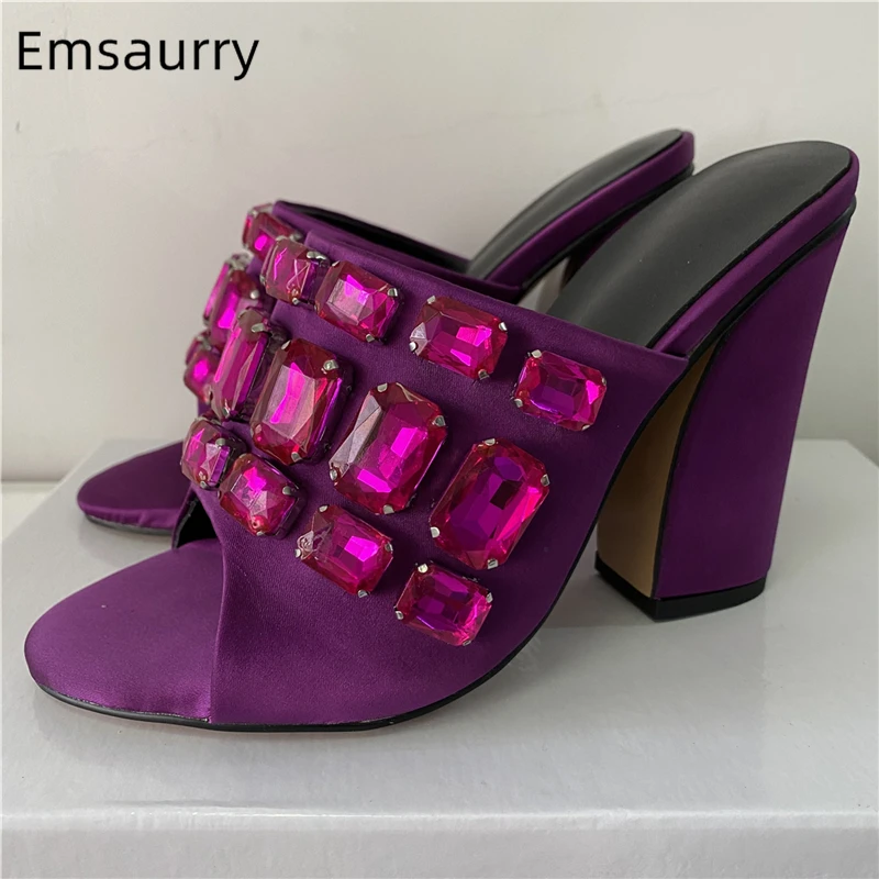 

Quality Crystal Diamond Decor Summer Mules Luxury Satin Slingbacks Chunky Heel Modern Sandals Women