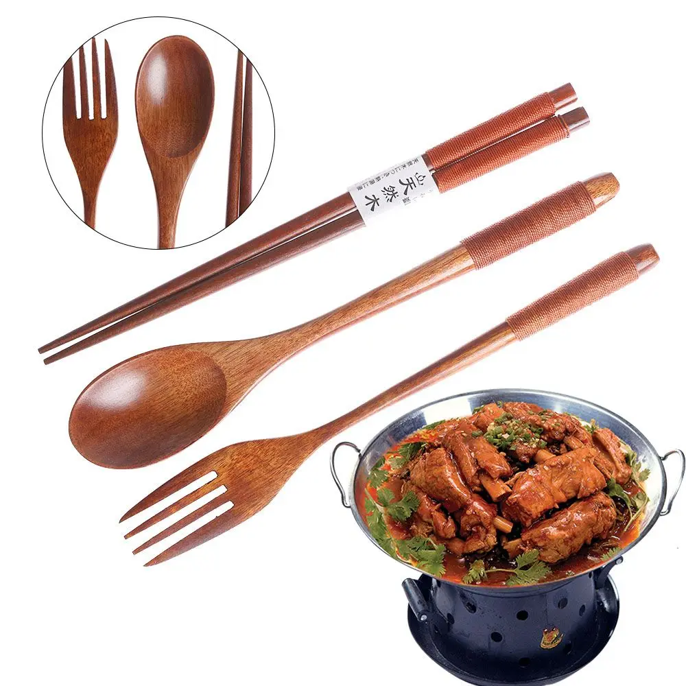 Natural Wooden Spoon Fork Chopsticks Combination Portable Travel Cloth Bag Handmade Kitchen Cutlery Set Japanese Style
