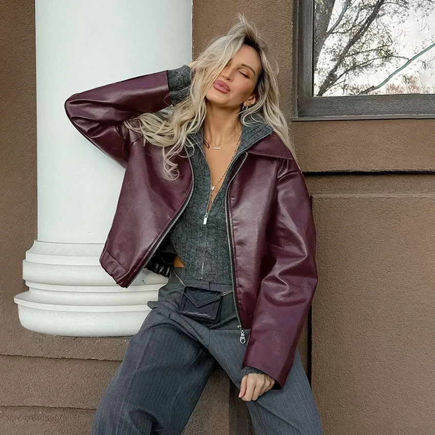 Womens Jacket Outerwears Cropped Faux Leather Jacket Autumn Long Sleeve Burgundy Bomber Jackets Casual Zipper Short Jacket