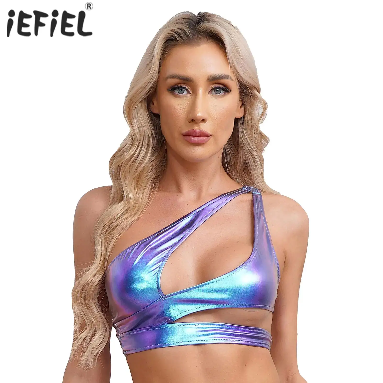 

Womens Cutout O-ring Bodycon Vest Tank Top Metallic Shiny One Shoulder Crop Top Sleeveless Disco Club Dancing Party Clubwear