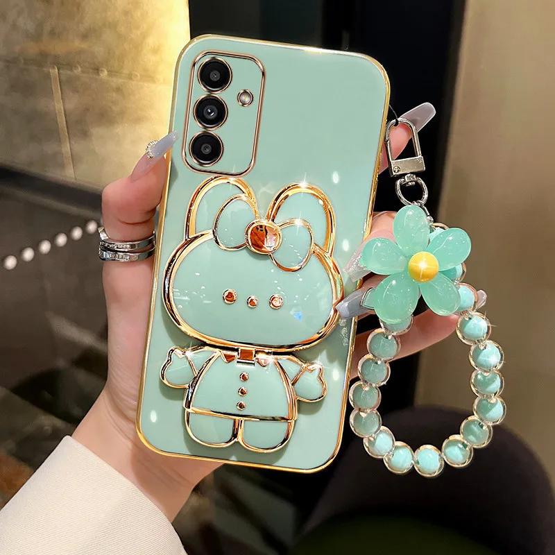 3D Rabbit Kickstand Electroplated Soft Wrist Flower Phone Case Cover