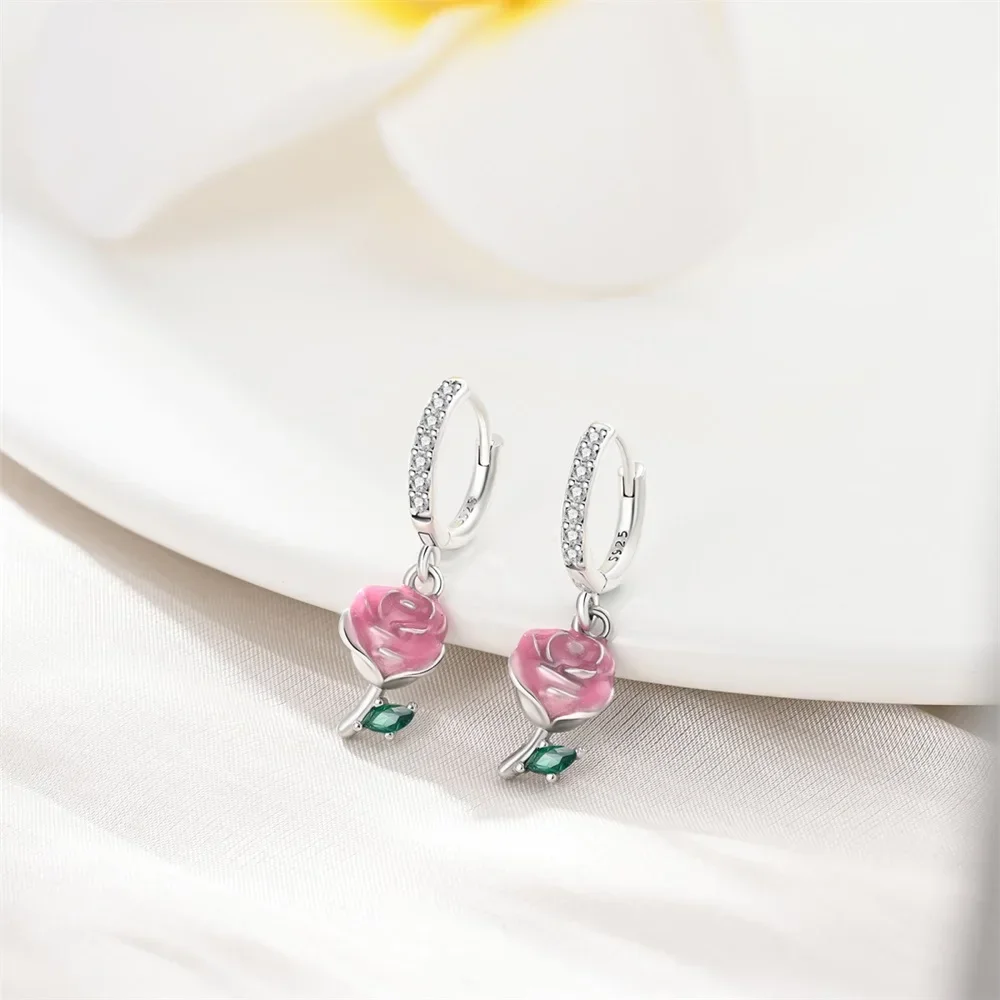 925 Sterling Silver Pink Series Romantic Flower Butterfly Unicorn Tulip Geometry Earrings Boutique Jewelry Gifts