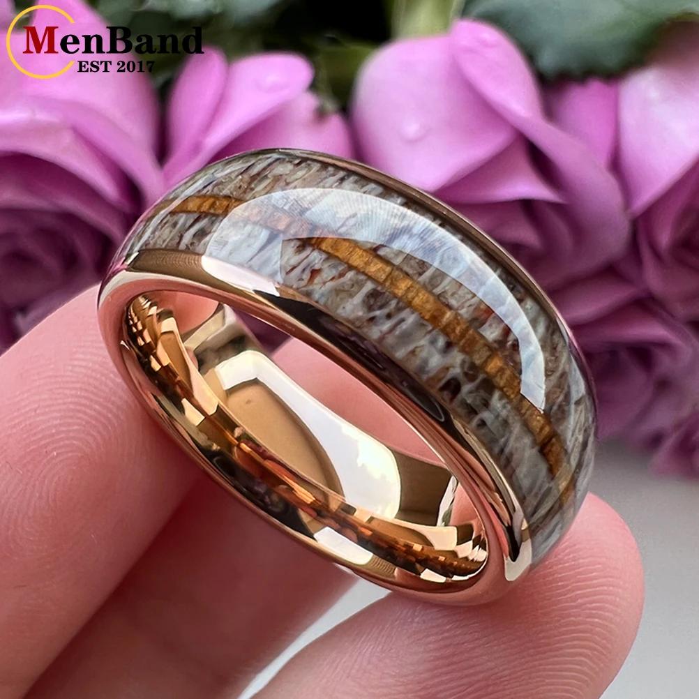 MenBand Fashion 8MM Men Women Black Tungsten Carbide Wedding Ring Deer Antler And Cherry Wood Inlay Dome Polishing Comfort Fit