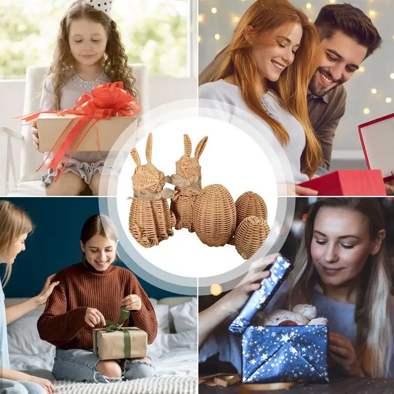 Rattan Easter Bunny Eggs 5X Woven Easter Rabbit Eggs Spring Bunnies Decoration Statue For Home Farmhouse Desktop Tabletop Shelf