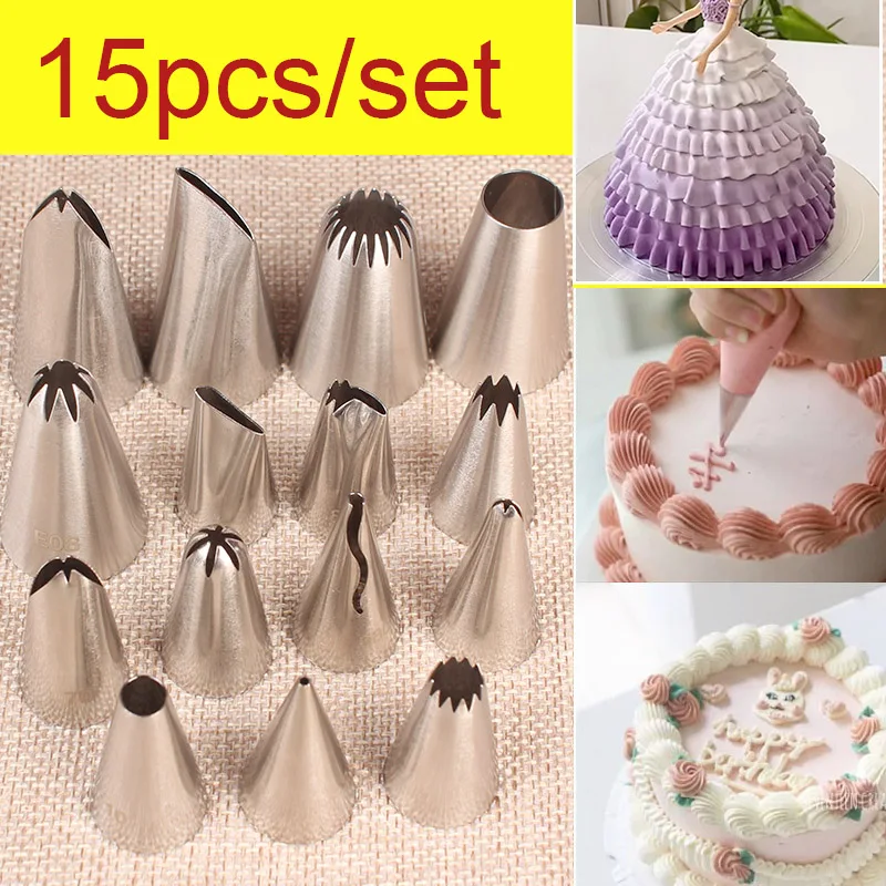 15pcs Piping Nozzle Cream Cake Cupcake Drop Flower Rose Pastry Nozzles Cookies Baking Tools Decorating Tips#1M 2D 2A 4B D66
