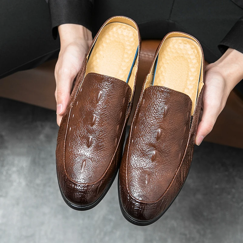 Elegant Men's Crocodile Print Half-Mule Dress Shoes Leather Loafers Perfect for Wedding Parties Daily Available in Black & Brown 2