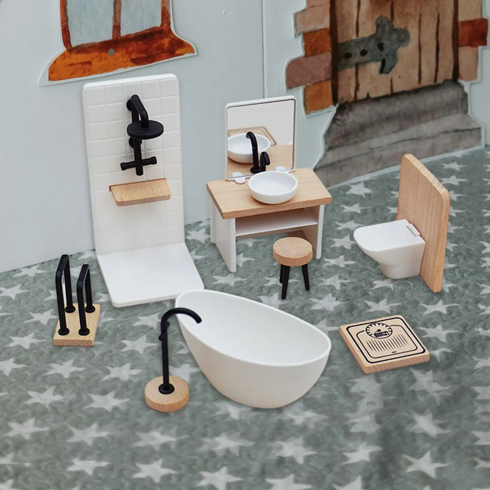 1:12 Scale Dollhouse Bathroom Set Dollhouse Decor Wash Basin Tub Toilet Model Valentines Day Gifts Miniature Hobby Crafts