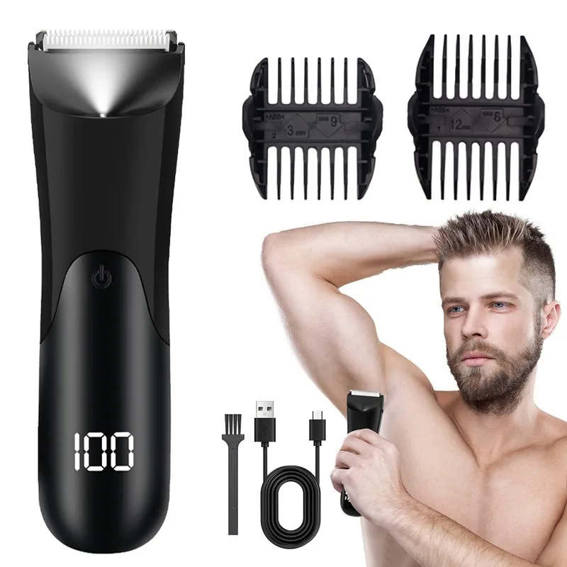 Hair Trimmer Men's Body Hair Trimmer with Light Electric Ball Public Grooming Includes 2 Protective Guards Ceramic Blade Head