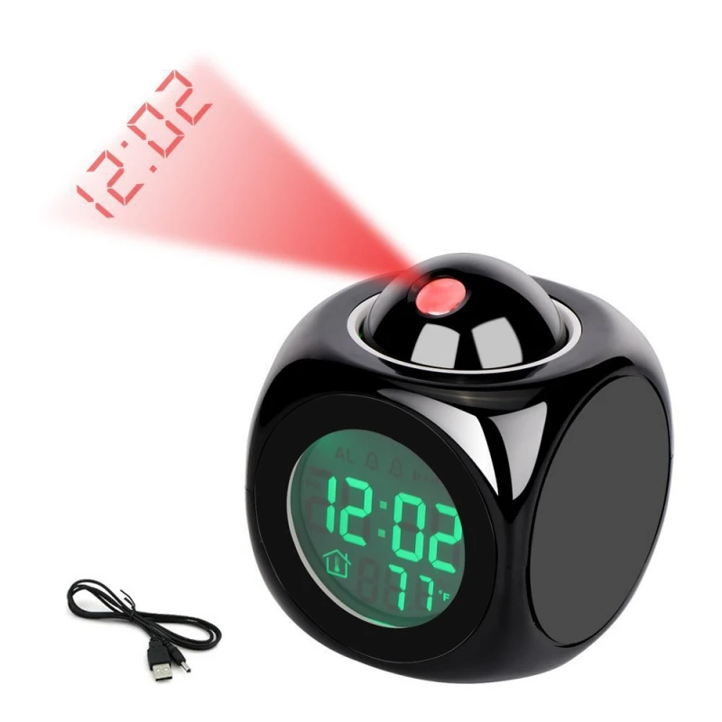 Hourly Chime Digital Projection Clock Time Temperature Backlight Loud Music Alarm Clock Snooze 12/24H USB Projector LCD Clock