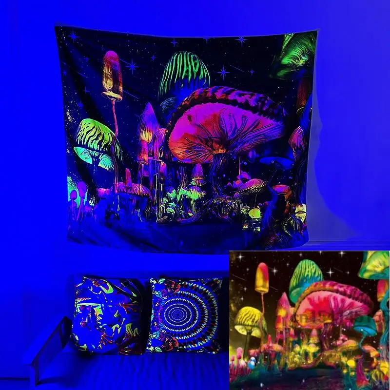 Blacklight Tapestry UV Reactive Trippy Hippie Black Light Tapestry Aesthetic Wall Decor Neon Tapestries Party Backdrops
