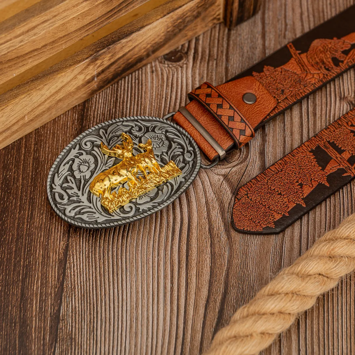 إبزيم بيضاوي مكون من 5 نقاط مجوفة، حزام منقوش من البولي يوريثان من Elk ذو اتجاه عتيق، حزام عالمي للرجال والنساء